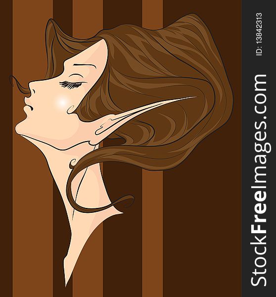 Picture represents an elf's woman head with long dark brown hair. Picture represents an elf's woman head with long dark brown hair.