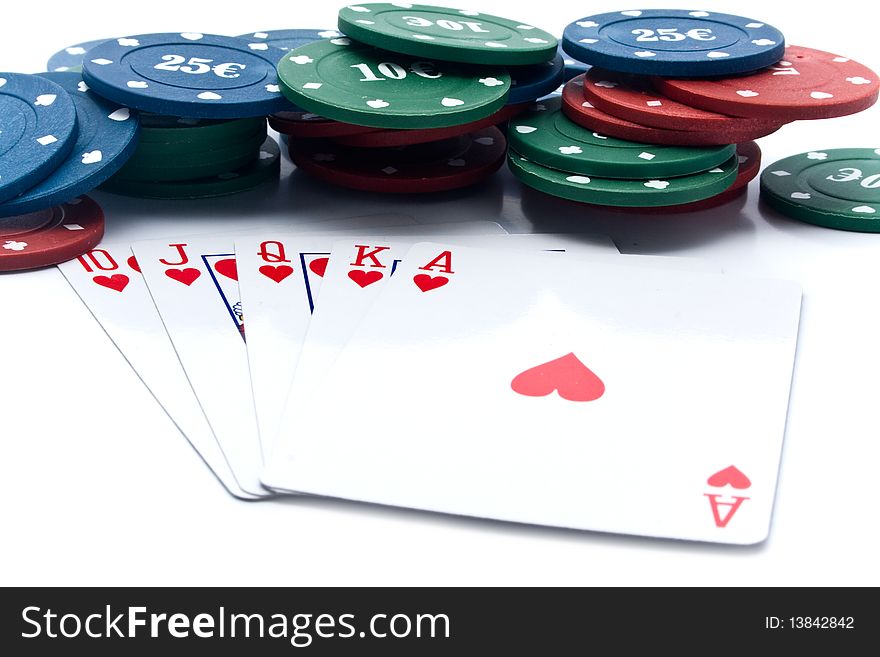 Chips of poker and playing cards on a white background for your illustrations