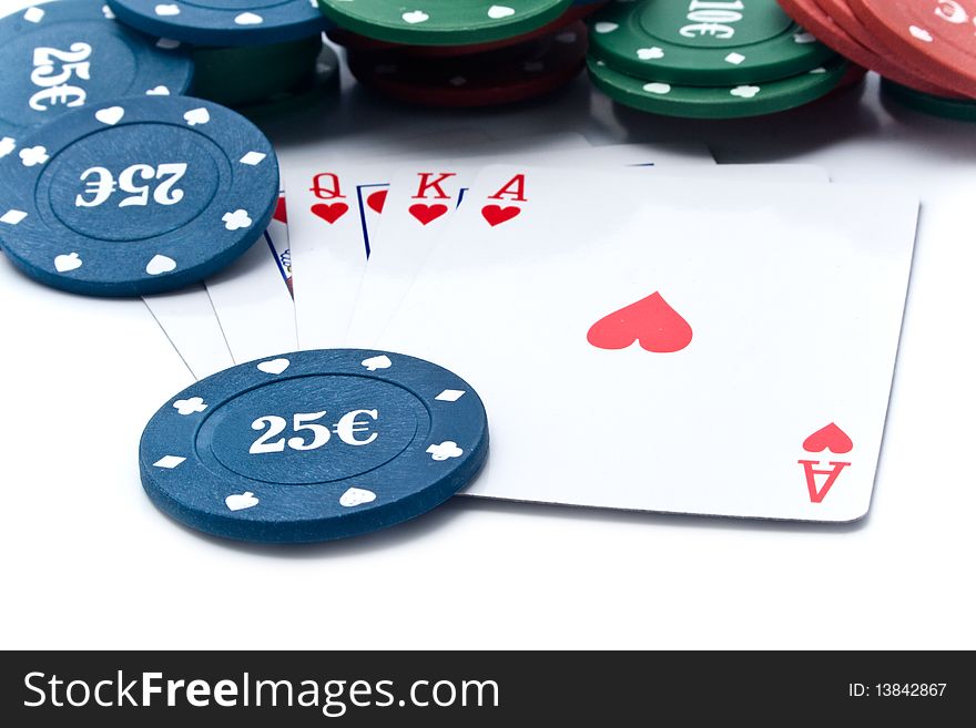 Chips of poker and playing cards on a white background for your illustrations