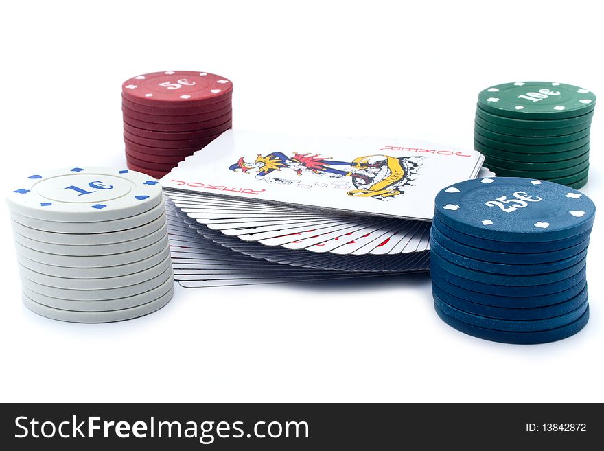 Chips of poker and playing cards on a white background for your illustrations