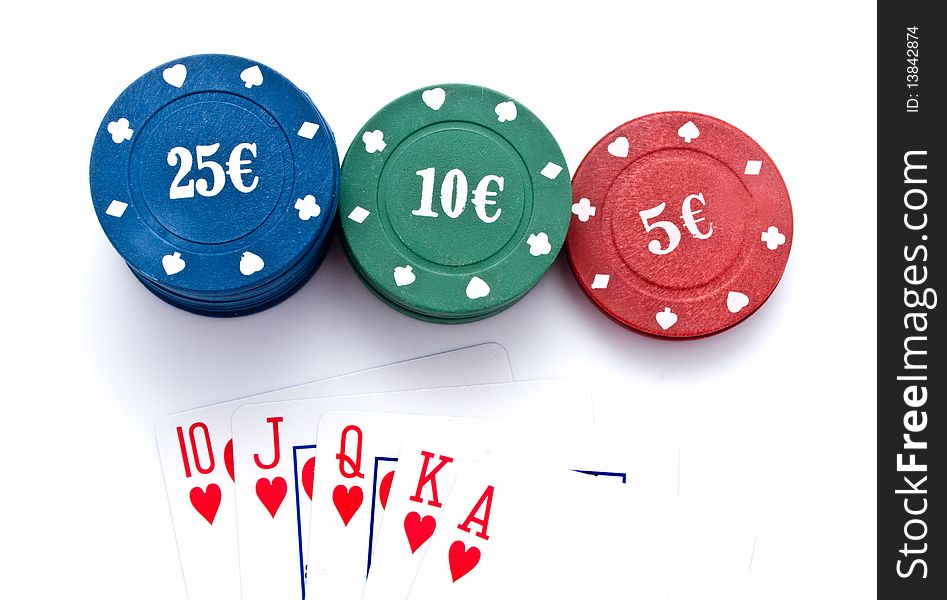 Chips of poker and playing cards on a white background for your illustrations