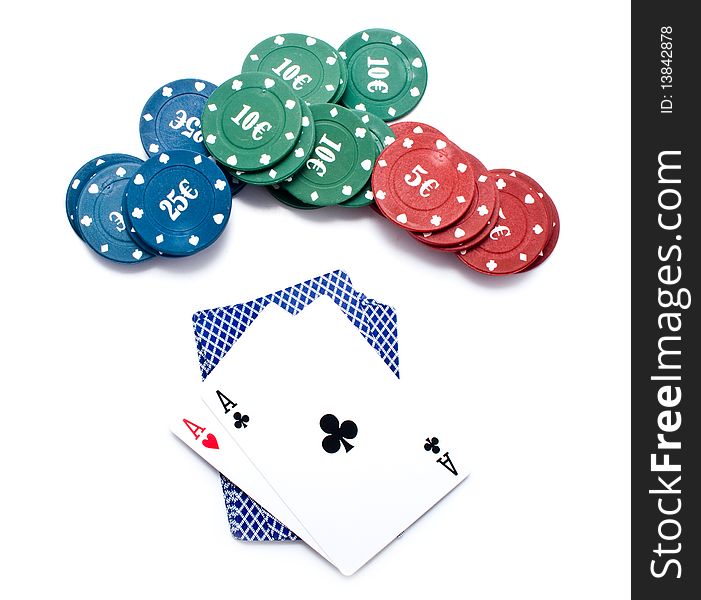 Chips of poker and playing cards on a white background for your illustrations