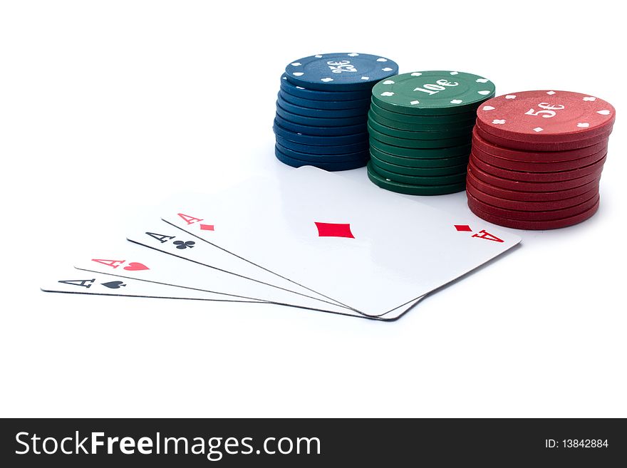 Chips of poker and playing cards on a white background for your illustrations