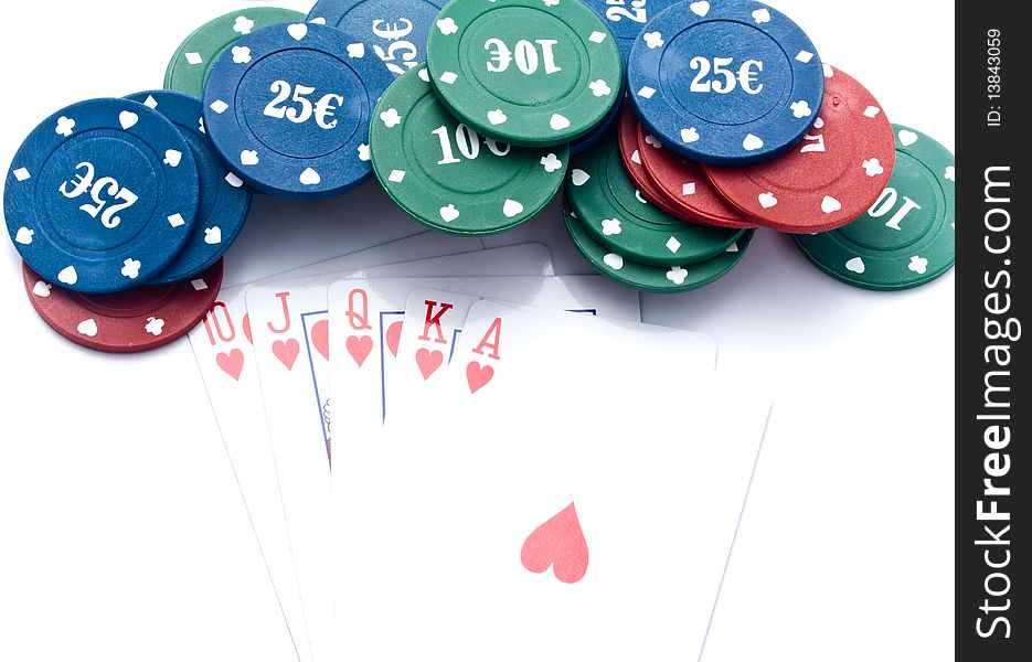 Chips of poker and playing cards on a white background for your illustrations