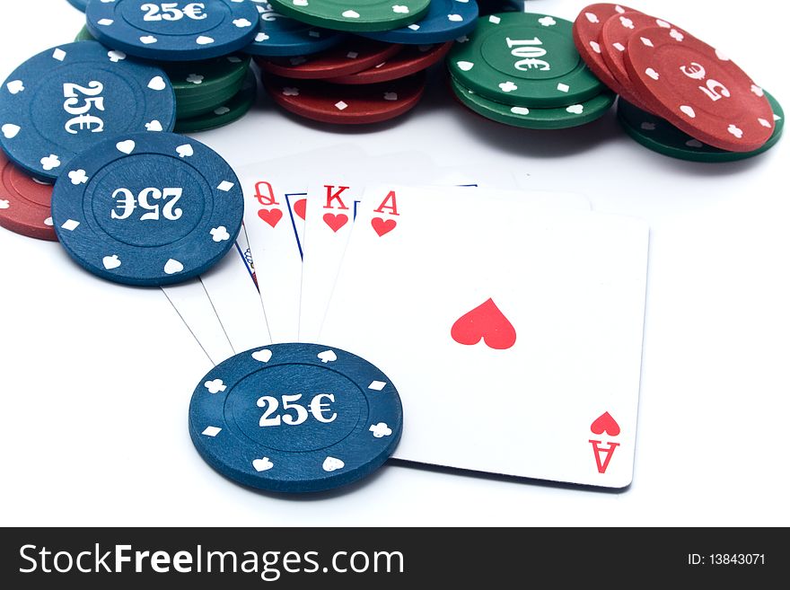 Chips of poker and playing cards on a white background for your illustrations