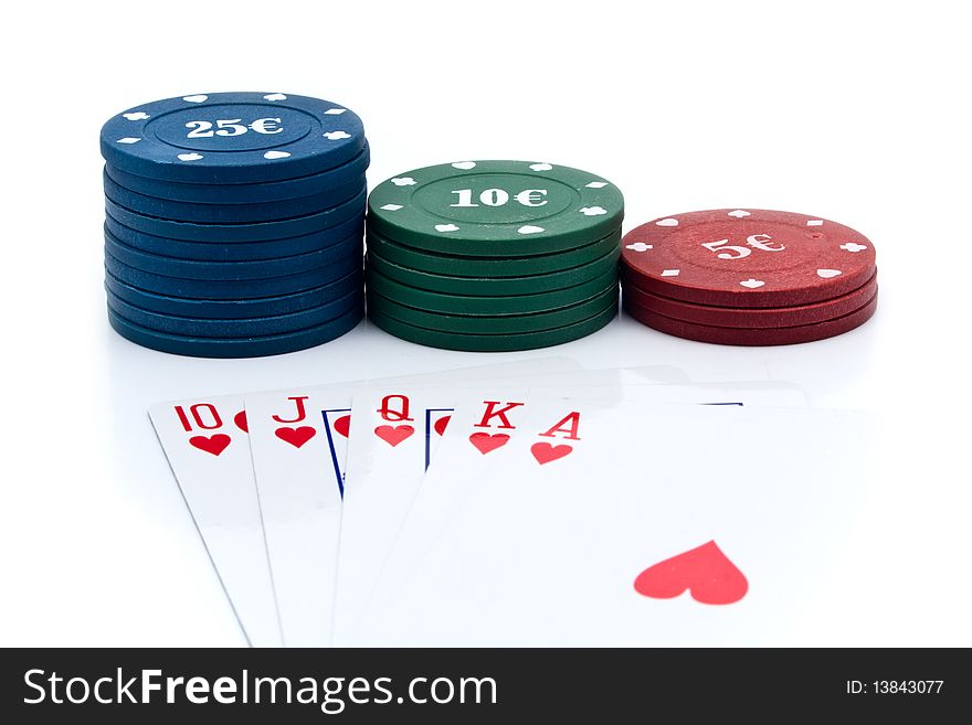 Chips of poker and playing cards on a white background for your illustrations