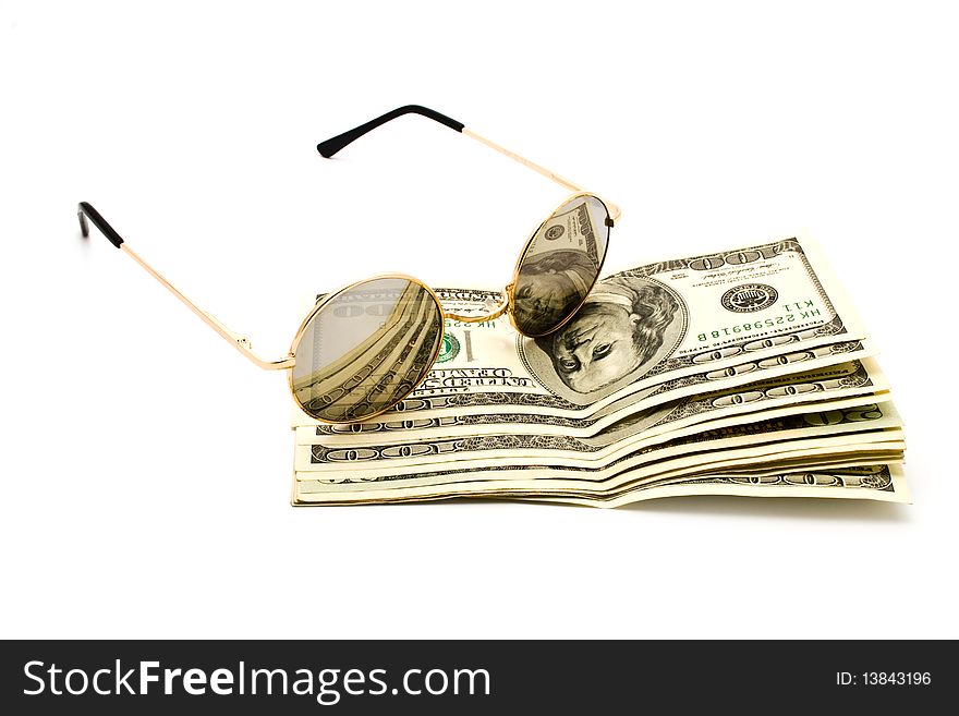 100$ banknoty and glasses on a white background for your illustrations