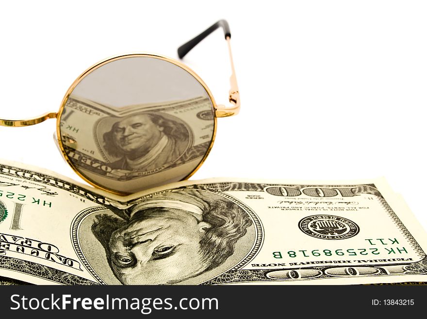 100$ banknoty and glasses on a white background for your illustrations