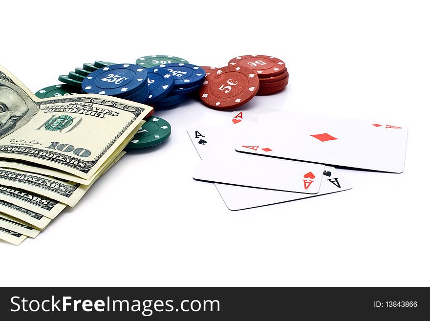 100$ banknoty,chips of poker and playing cards on a white background for your illustrations