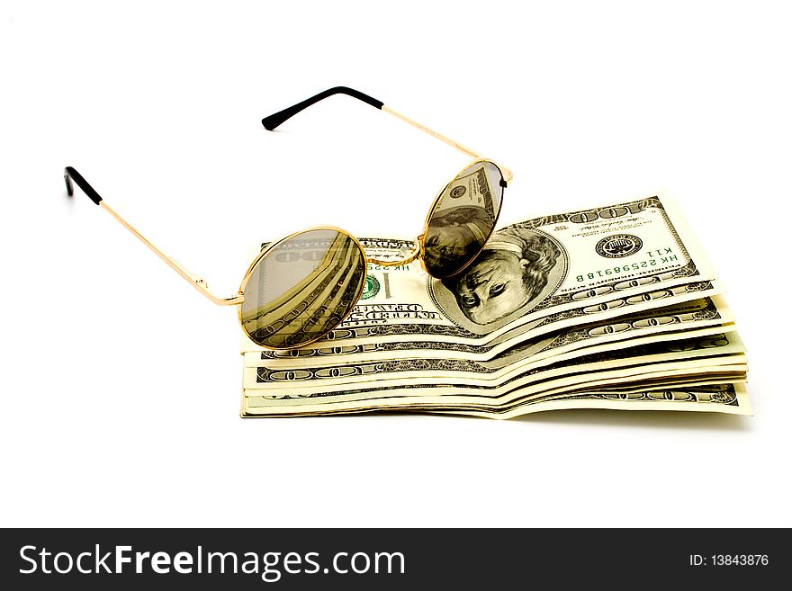 100$ banknoty and glasses on a white background for your illustrations