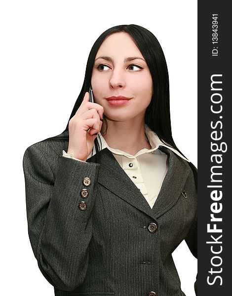 Woman Listening on the phone on white background