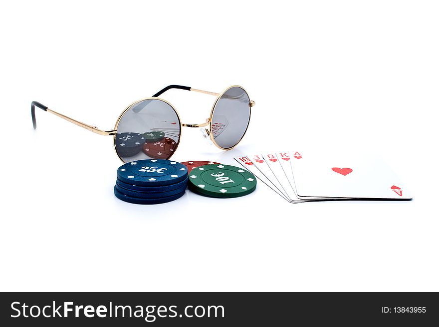 Chips of poker and playing cards on a white background for your illustrations