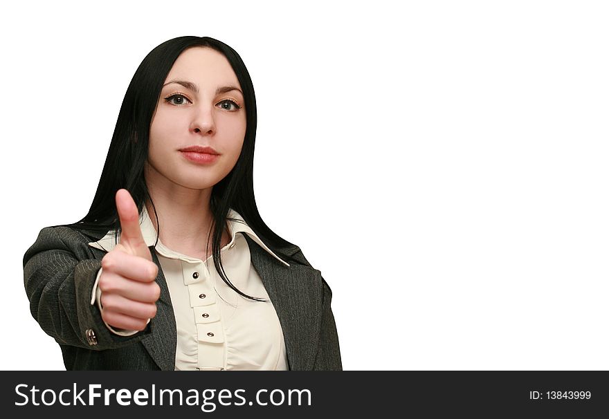 Business woman holds thumbs up on white background