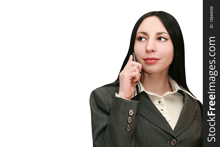 Woman Listening on the phone on white background