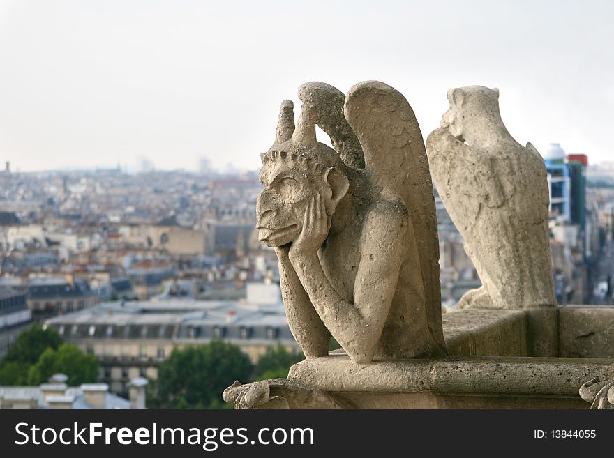 Chimera in gothic style is watching over Paris from top of Notre Dame cathedral. Chimera in gothic style is watching over Paris from top of Notre Dame cathedral.