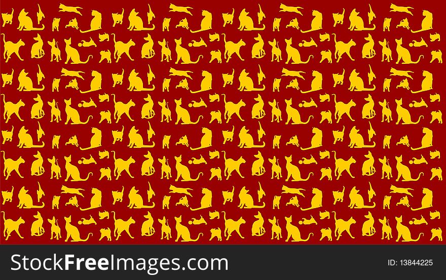 Yellow cats in different poses, on burgundy background. Yellow cats in different poses, on burgundy background