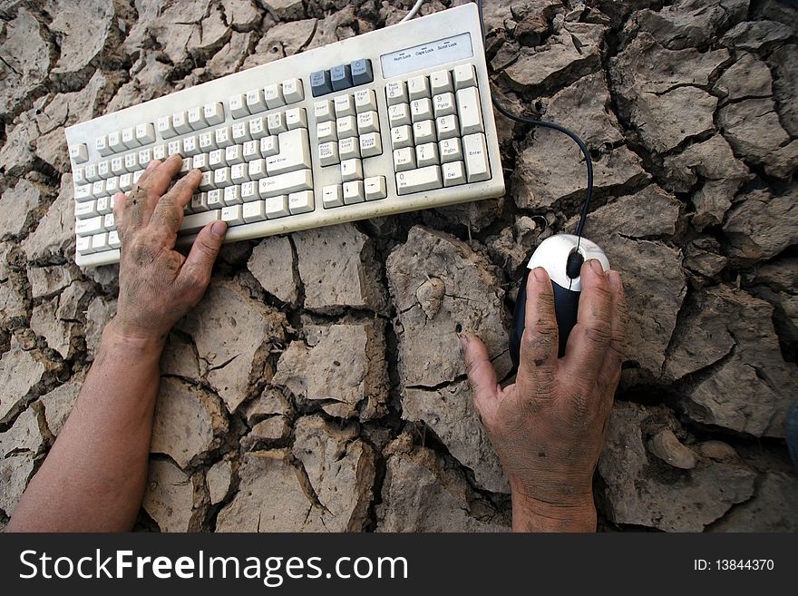 Hand and keyboard on drought. Hand and keyboard on drought