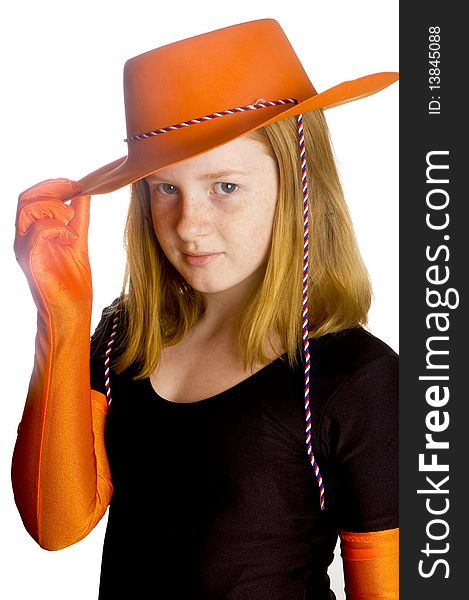 Little girl ready to celebrate queensday on white