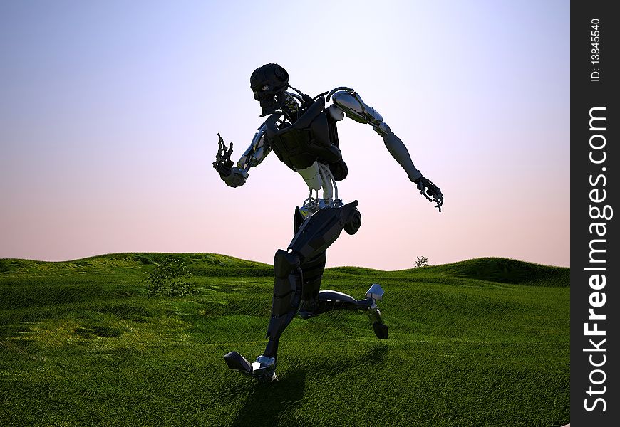 A mechanical robot ran on the green grass. A mechanical robot ran on the green grass.