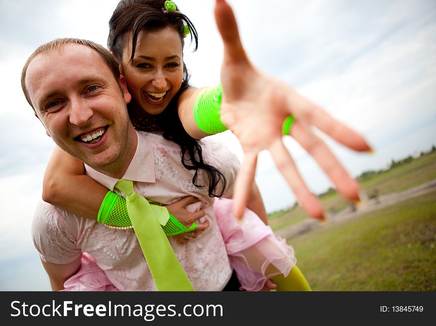 Funny bride and groom, selective focus.