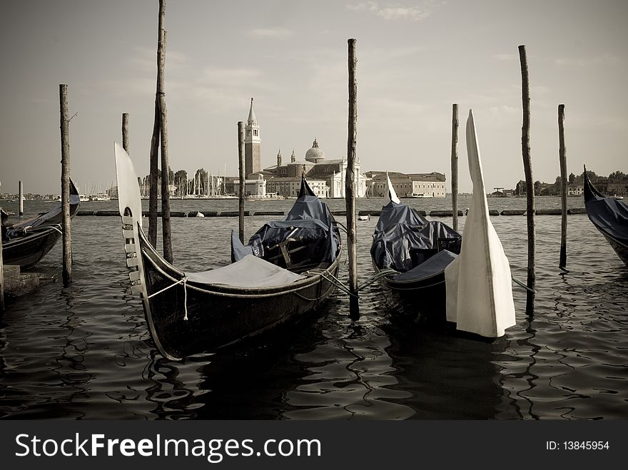 Boats and gondolas at the Venice bay