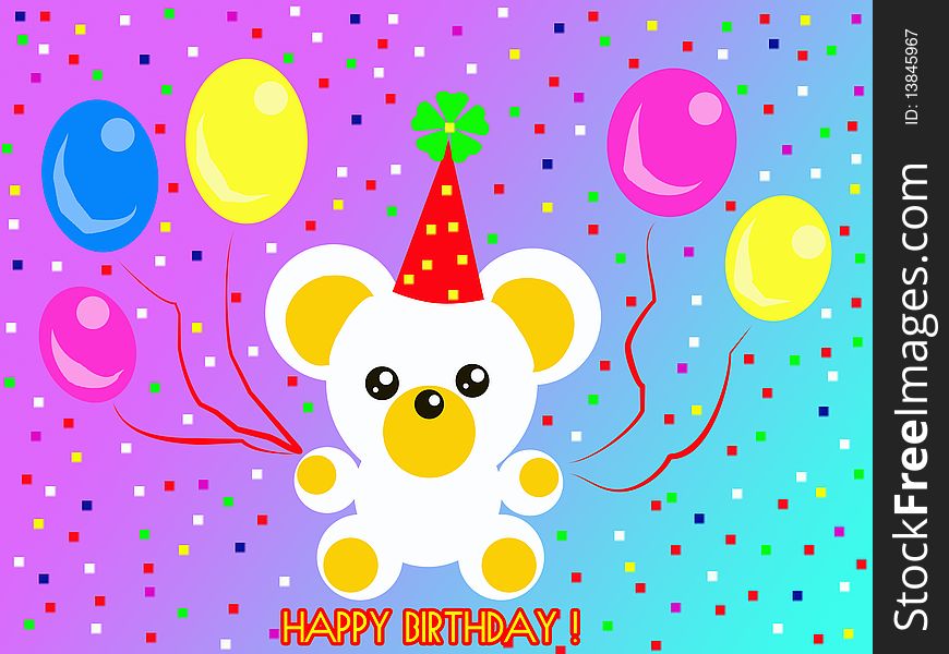 A white and cute teddy bear holding coloured balloons for a birthday party. Digital drawing. Coloured picture. A white and cute teddy bear holding coloured balloons for a birthday party. Digital drawing. Coloured picture.