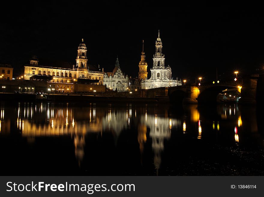 Dresden at night. Elbe river view.
