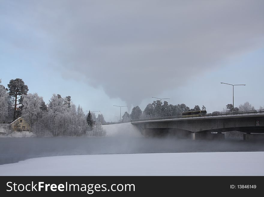 Very cold day, view over a river in Finland