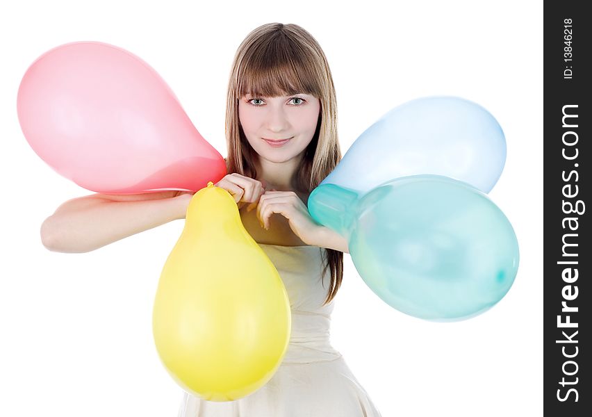 Bright Picture Of Happy Blonde With Color Balloons