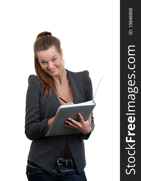 Portrait of a young businesswoman holding documents for signature  isolated over white