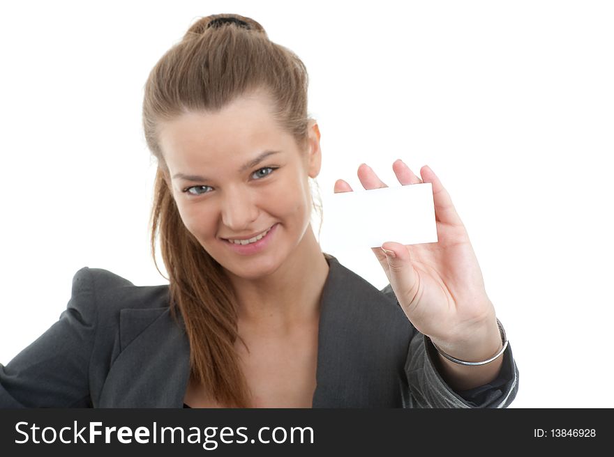 Picture of young beautiful business woman holding a blank card isolated over white