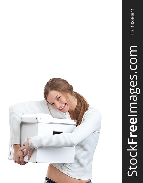 Portrait of a smiling girl holding white box over white background