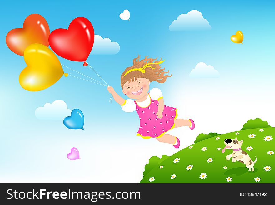 Smiling Girl flying on colorful balloons above green grass hill and her dog. Smiling Girl flying on colorful balloons above green grass hill and her dog