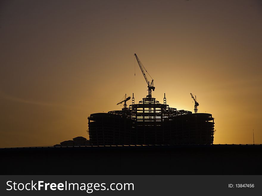 Construction site silhouette in the evening. Construction site silhouette in the evening