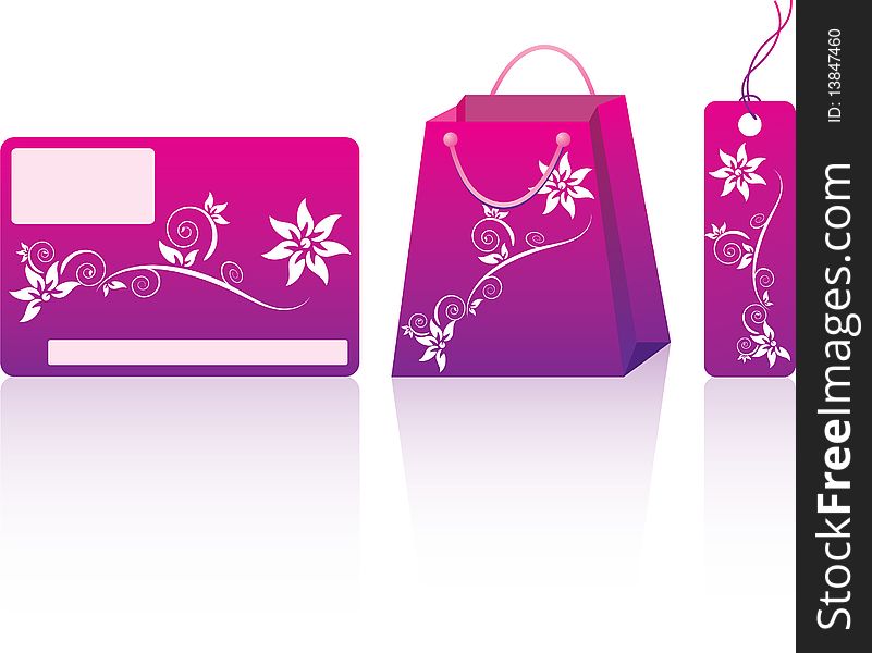 Pink shopping set. Many decorative elements. Isolated on a white background. Vector will be aditional