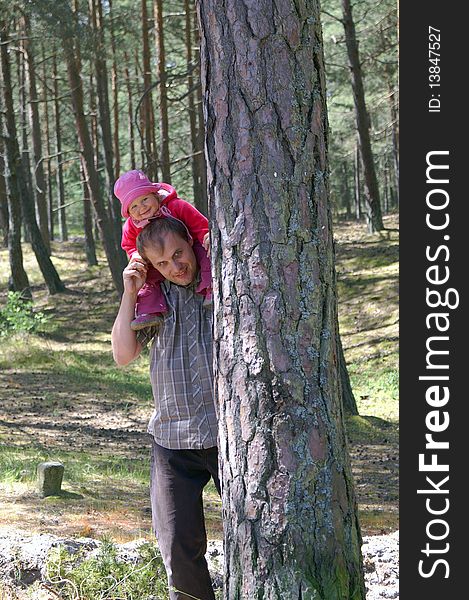 Father and daughter for a walk in a pine forest