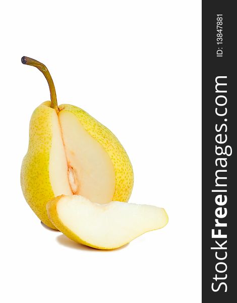 Cut pear and slice on a white background.
