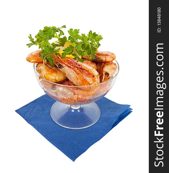 Grilled shrimps with parsley  on white background