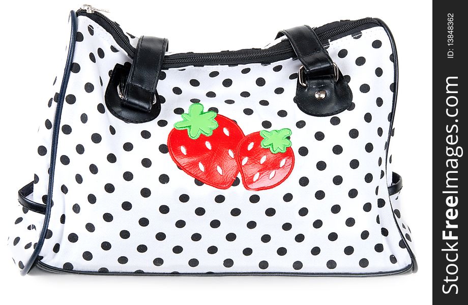 Feminine bag with embroidery in the manner of red strawberries on white background