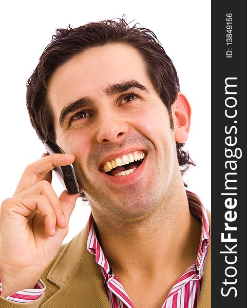 Young business man on the phone, isolated on white background