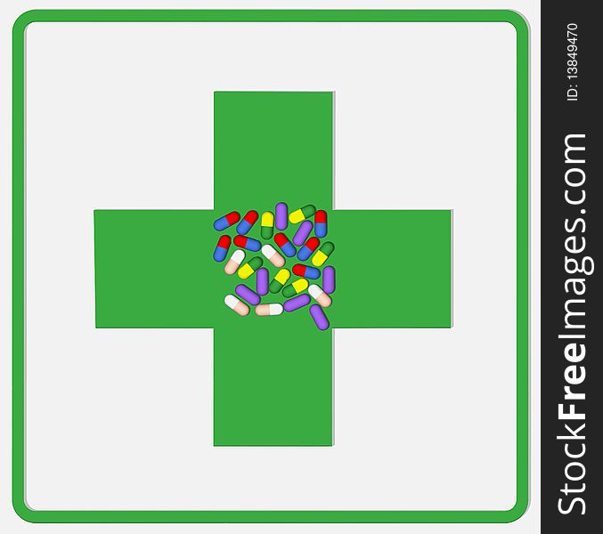 Medicinal capsules on a stilyzed green chemist's sign. Medicinal capsules on a stilyzed green chemist's sign.