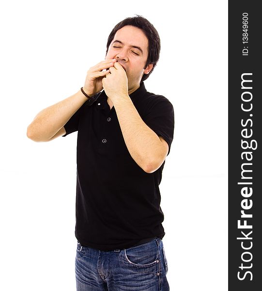 Young man whith a toothache over white background