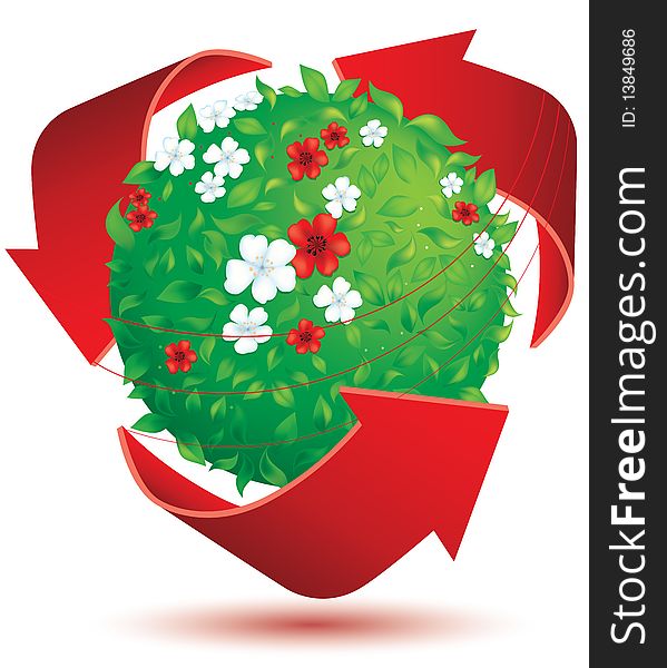 Symbolic flower blossom sphere in the recycle symbol. Symbolic flower blossom sphere in the recycle symbol