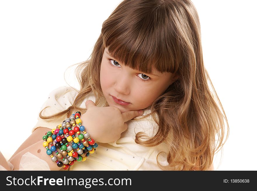 Portrait of beautiful girl with attentive look on white background