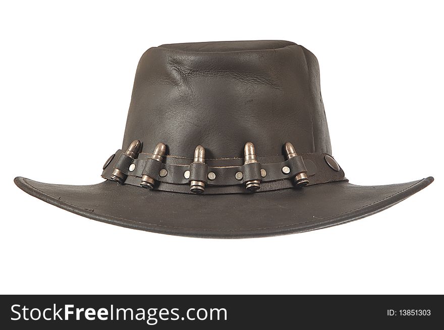 A brown cowboy hat in front on white background.