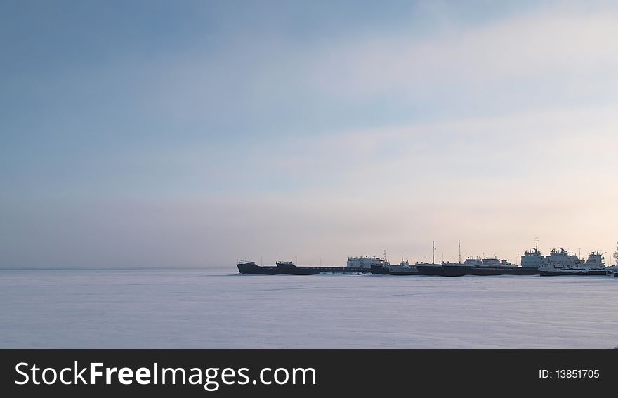 Winter landing stage in Karelia, a quiet morning