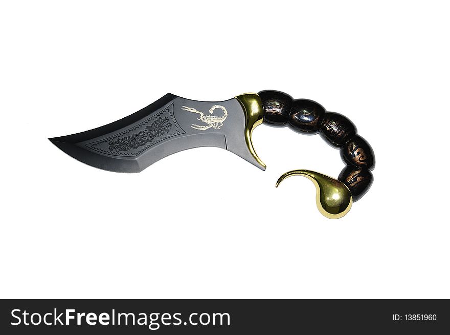 Scorpion knife with black blade on a solid white background. Scorpion knife with black blade on a solid white background