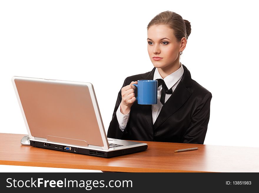 Female office worker has coffee break isolated on white background