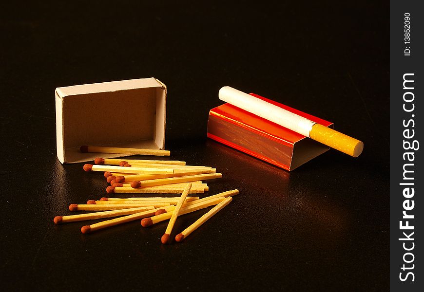 Matches fallen out the matchbox and cigarette. Matches fallen out the matchbox and cigarette