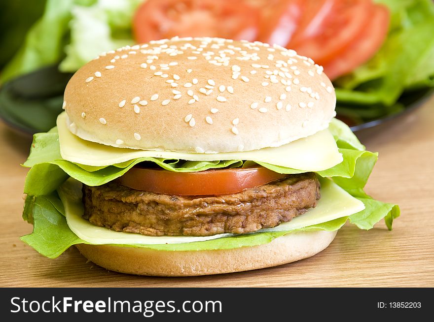 Burger with cheese, lettuce, tomato and light mayo. Burger with cheese, lettuce, tomato and light mayo